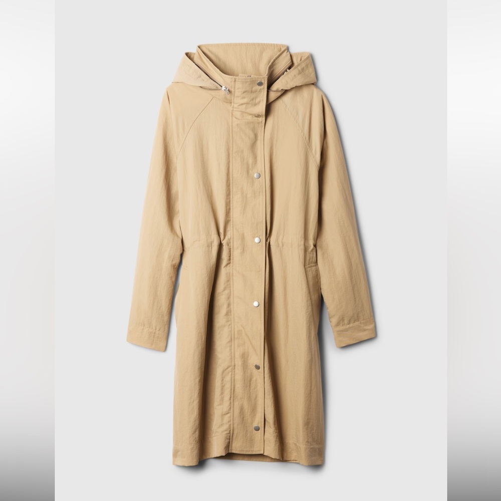 Tan/Cream Nylon trench coat with removable hood and adjustable waist